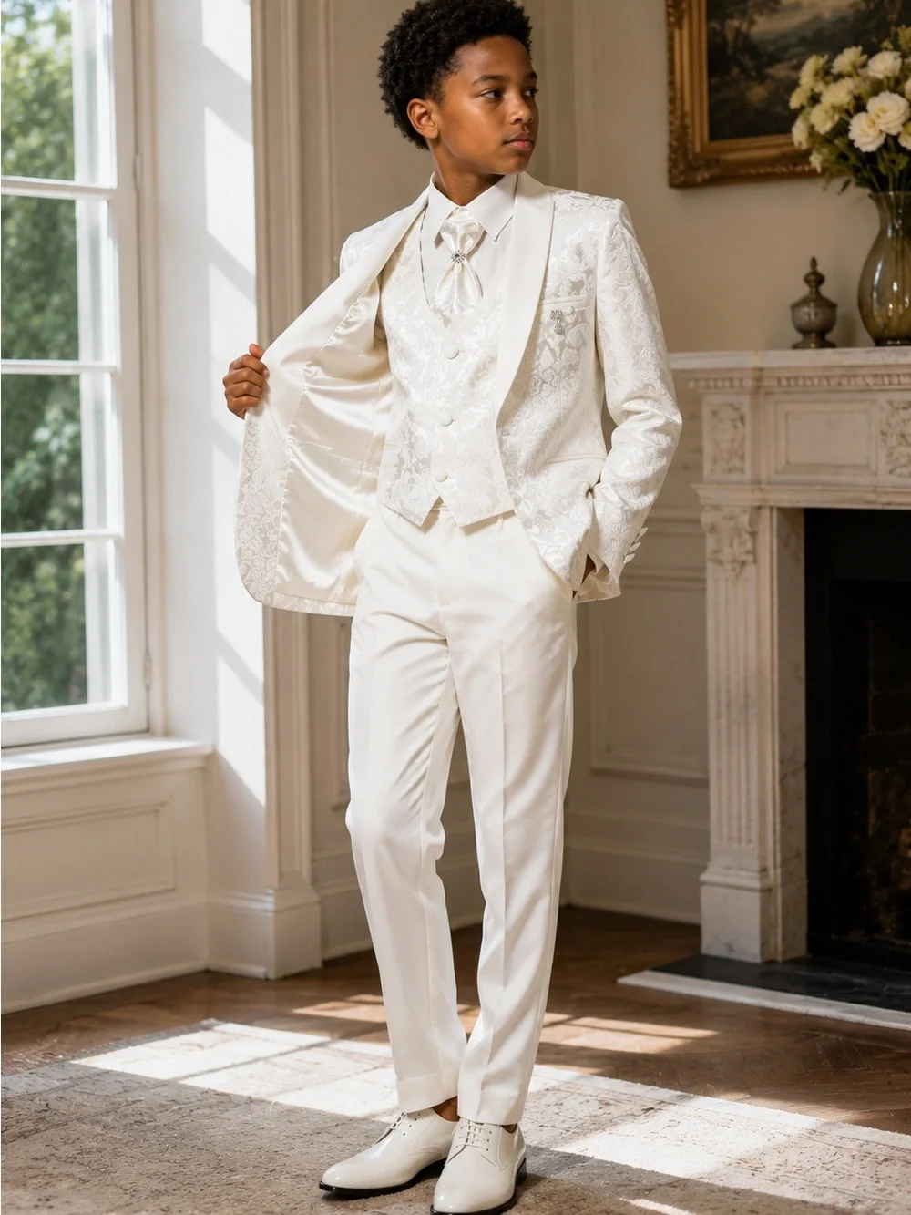 SIRRI Boys Ivory Jacquard 5 Piece Tuxedo Suit Age 11 Wedding Communion Formal